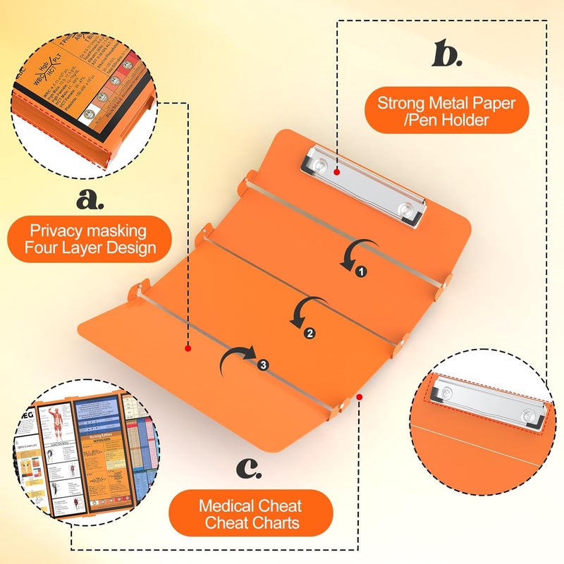 NECEG Nursing Clipboard Foldable-4 Layers Aluminum Nurse Foldable Clipboard Nursing Medical Edition Cheat Sheets, Pocket Size Pen Clip for Nurses Students School and Doctors-Orange Christmas Gifts Idea - Image 4